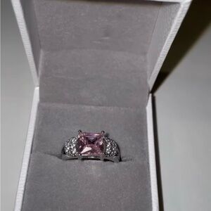 Pink Square-Cut zirconia diamond Silver Ring with Pavé Accents